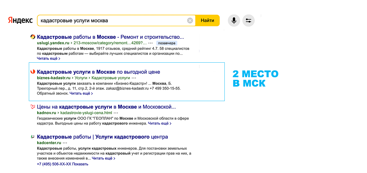 Основной запрос в ТОП3 по Москве (Yandex)